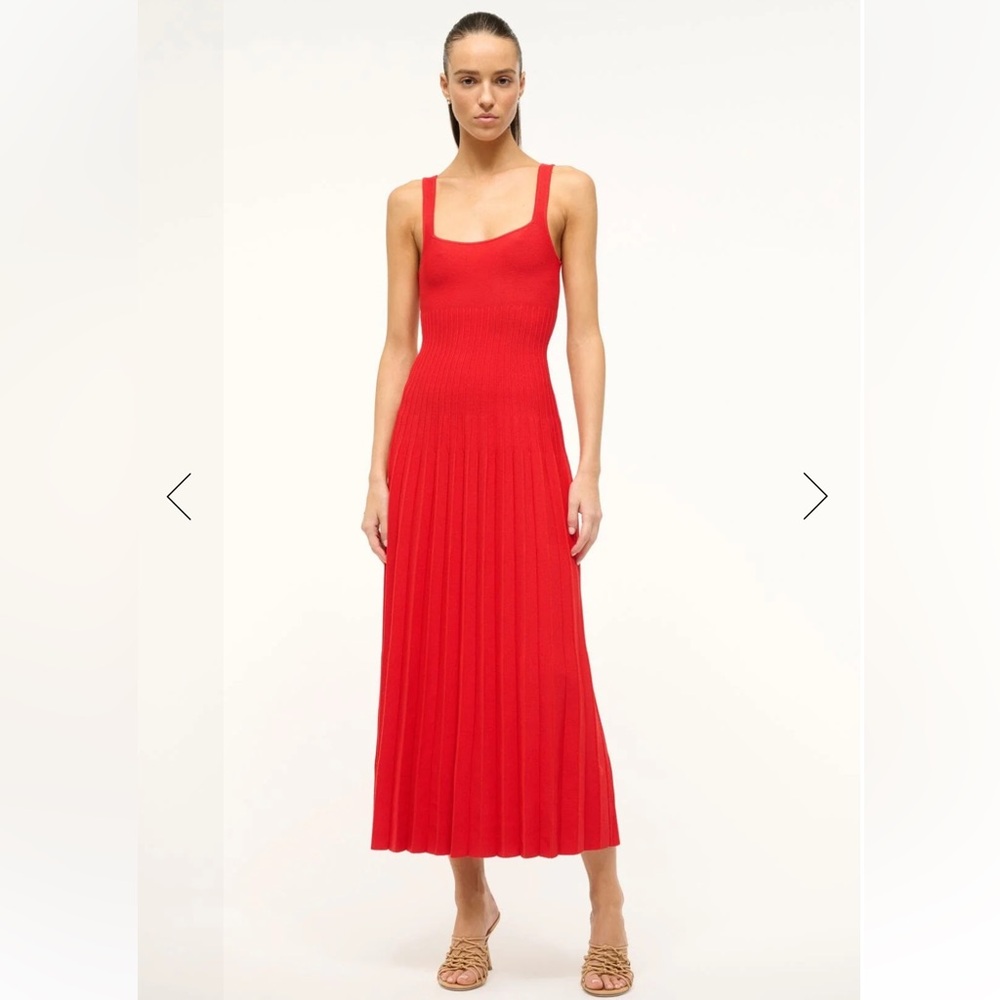 STAUD Red Pleated Sheath Dress for Wedding Guests